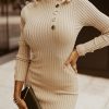 Khaki High Neck Metal Button Ribbed Sweater Dress