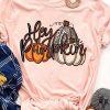 Pink Hey Pumpkin Pattern Print Short Sleeve T Shirt