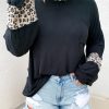 Black Leopard Print Balloon Sleeve Crew Neck Top