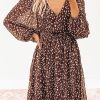 Brown Leopard V Neck Bubble Sleeves Midi Dress