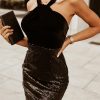 Black Sequin Tassel Halter Neck Backless Bodycon Dress