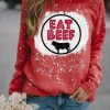 Red EAT BEEF Graphic Print Bleached Pullover Swetshirt