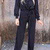 Black V Neck Wrap Waist Tie Long Sleeve Jumpsuit