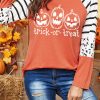 Orange Trick Or Treat Halloween Pumpkin Striped Sleeve Top