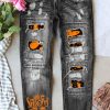 Gray Spooky Pumpkin Graphic Contrast Distressed Jeans