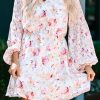 Pink V Neck Bubble Sleeves Floral Dress