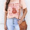 Pink MUSIC CITY Guitar Graphic Print Crew Neck T Shirt