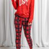 Red Love Print Top And Plaid Print Pants Loungewear