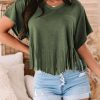 Green Fringe Hem V Neck T Shirt