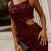 Red Sequins Spaghetti Straps Waist Cut-out Mini Dress