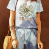 Sky Blue Casual Peace Letter And Floral Print T-Shirt And Drawstring Short Set