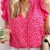 Red Frilled Spilt V Neck Leopard Ruffled Top