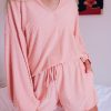 Pink Swiss Dot Split Neck Long Sleeve Top And Shorts Lounge Set