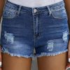 Dark Blue Distressed Ripped Denim Shorts With Pockets