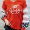 Red Autumn Vibes Pumpkin Print Waffle Knit Color Block Top