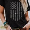 Black Shiny American Flag Graphic Printed Short Sleeve Top