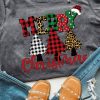 Gray Merry Christmas Tree Leopard Plaid Print Graphic T Shirt