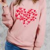 Pink Heart-shaped Print Crew Neck Long Sleeve Pullover Sweatshirt