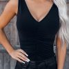 Black V Neck Sleeveless Ruched Bodysuit