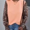 Coral Leopard Splicing Smocked Cuff Puff Long Sleeve Top