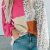 Rose Leopard Patchwork Color Block Ribbed Long Sleeve Top