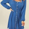 Blue Button Up High Waist Long Sleeve Dress