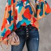 Multicolor Abstract Pattern Crewneck Ruffled Puff Sleeve Blouse