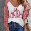 Pink Pumpkin Print Sheer Striped Long Sleeve Top