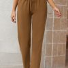 Brown Drawstring Elastic Waist Pockets Long Straight Legs Pants