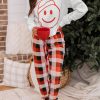 White Christmas Smile Face Print Top And Plaid Pants Lounge Set