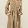 Khaki Button Up High Waist Long Sleeve Dress