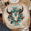 Khaki Western Aztec Steer Head Leopard Print Crewneck T Shirt