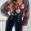 Green Graffiti Printed V Neck Puff Sleeve Blouse