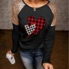 Black Heart Shape Plaid Print Sequin Patchwork Long Sleeve Top