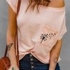 Pink Dandelion Print Pocket Patchwork Short Sleeve T Shirt