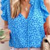 Blue Frilled Spilt V Neck Leopard Ruffled Top