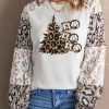 Beige Leopard Christmas Tree Colorblock Graphic Long Sleeve Top