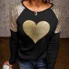 Black Heart Shaped Glitter Print Sequin Splicing Top