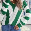 Green Striped Colorblock V Neck Knitted Sweater