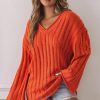 Orange Ribbed Loose Knit V Neck Pullover Sweater