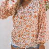 Orange Floral Print V Neck Long Puff Sleeve Top