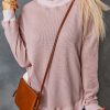 Pink Crew Neck Ribbed Trim Waffle Knit Top