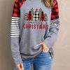 Gray Buffalo Plaid & Stripe Merry Christmas Graphic Long Sleeve Top