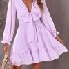 Deep V Neck Lantern Sleeve Knotted Tiered Mini Dress