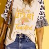 Khaki Camp Letter Print Leopard Half Sleeve Waffle Knit Top