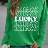 Green Lucky Letter Print Crewneck Long Sleeve Sweatshirt