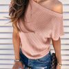 Pink Wide High Straight Neck Waffle Knit Top