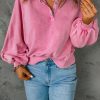 Pink Washed Snap Buttons Lantern Sleeve Pullover Sweatshirt