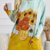 Sunflower Printing Long Sleeve Tunic Top With Two Side Pockets