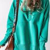 Turquoise Batwing Sleeve Pocketed Henley Hoodie